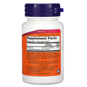 Thành phần vi chất của NOW Foods Chewable Vitamin D-3 Natural Fruit Flavor 1.000 IU 180 Chewables 733739003577
