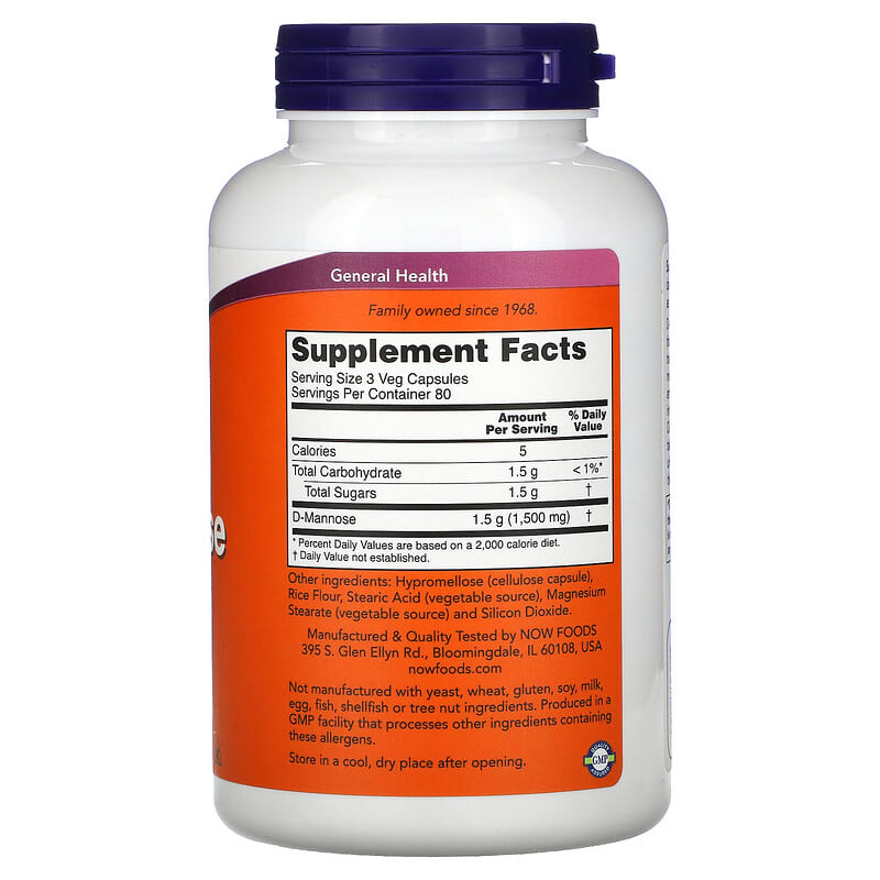 NOW Foods D-Mannose 500 mg 240 Veg Capsules 2 Thành phần vi chất của NOW Foods D-Mannose 500 mg 240 Veg Capsules 733739028167