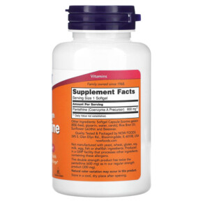 Thành phần vi chất của NOW Foods Double Strength Pantethine 600 mg 60 Softgels 733739004895