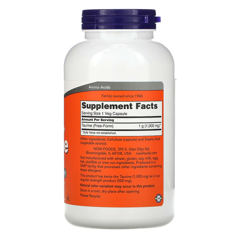 NOW Foods Double Strength Taurine 1.000 mg 250 Veg Capsules 2 Thành phần vi chất của NOW Foods Double Strength Taurine 1.000 mg 250 Veg Capsules 733739001436