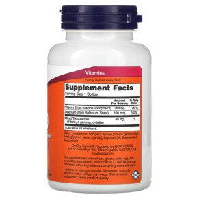 Thành phần vi chất của NOW Foods E-400 D-Alpha with Mixed Tocopherols 268 mg (400 IU) 100 Softgels 733739009067