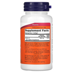 Thành phần vi chất của NOW Foods E-400 with Mixed Tocopherols 268 mg (400 IU) 100 Softgels 733739008923