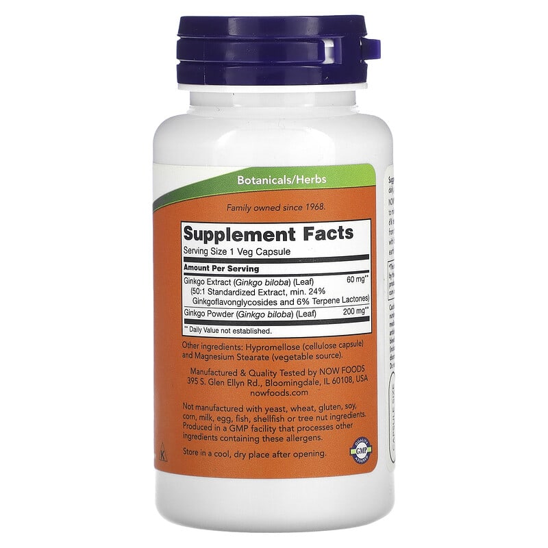 NOW Foods Ginkgo Biloba 60 mg 120 Veg Capsules 2 Thành phần vi chất của NOW Foods Ginkgo Biloba 60 mg 120 Veg Capsules 733739046871