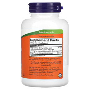 Thành phần vi chất của NOW Foods Ginkgo Biloba 60 mg 240 Veg Capsules 733739046840