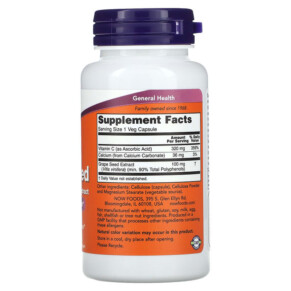 Thành phần vi chất của NOW Foods Grape Seed Standardized Extract 100 mg 100 Veg Capsules 733739032485