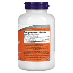 Thành phần vi chất của NOW Foods L-Arginine 500 mg 250 Veg Capsules 733739000316