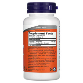 Thành phần vi chất của NOW Foods L-Carnitine 250 mg 60 Veg Capsules 733739000620