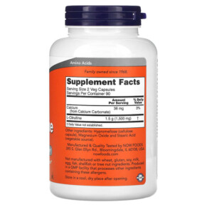 Thành phần vi chất của NOW Foods L-Citrulline 750 mg 180 Veg Capsules 733739001030