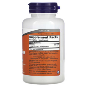 Thành phần vi chất của NOW Foods L-Histidine 600 mg 60 Veg Capsules 733739001214