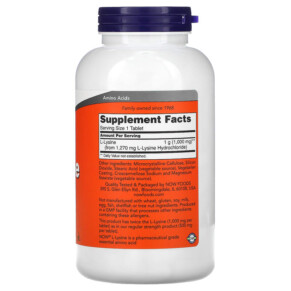 Thành phần vi chất của NOW Foods L-Lysine 1.000 mg 250 Tablets 733739001238