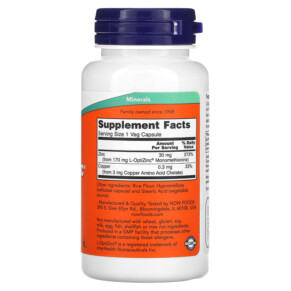 Thành phần vi chất của NOW Foods L-OptiZinc 30 mg 100 Veg Capsules 733739015105
