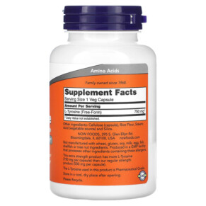 Thành phần vi chất của NOW Foods L-Tyrosine Extra Strength 750 mg 90 Veg Capsules 733739001658