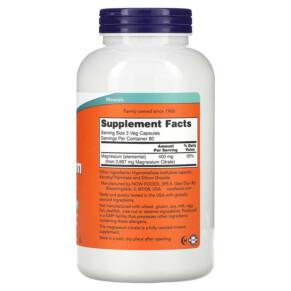 Thành phần vi chất của NOW Foods Magnesium Citrate 240 Veg Capsules 733739012968