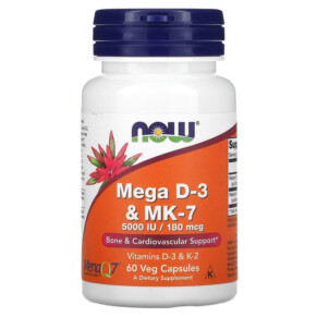 Thực phẩm chức năng NOW Foods Mega D-3 & MK-7 180 mcg (5.000 IU) 60 Veg Capsules 733739003843