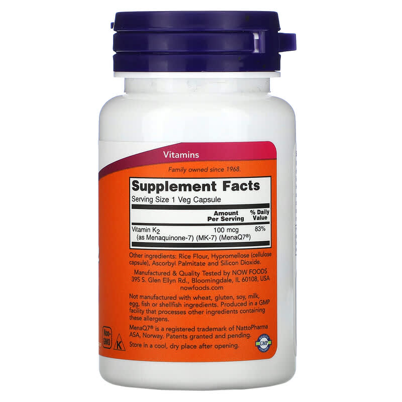 NOW Foods MK-7 Vitamin K-2 100 mcg 60 Veg Capsules 2 Thành phần vi chất của NOW Foods MK-7 Vitamin K-2 100 mcg 60 Veg Capsules 733739009920