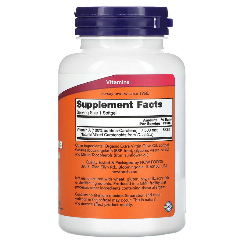NOW Foods Natural Beta Carotene 7.500 mcg (25.000 IU) 180 Softgels 2 Thành phần vi chất của NOW Foods Natural Beta Carotene 7.500 mcg (25.000 IU) 180 Softgels 733739003225