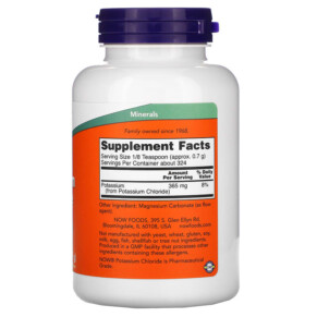 Thành phần vi chất của NOW Foods Potassium Chloride Powder 8 oz  (227 g) 733739014504