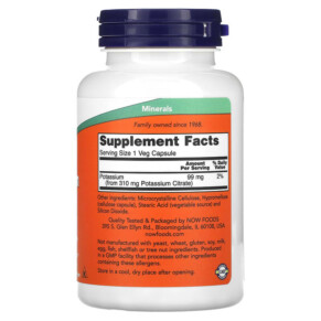 Thành phần vi chất của NOW Foods Potassium Citrate 99 mg 180 Veg Capsules 733739014481