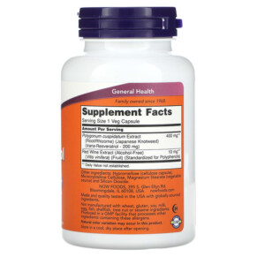 Thành phần vi chất của NOW Foods Resveratrol 200 mg 120 Veg Capsules 733739033543