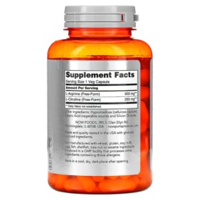Thành phần vi chất của NOW Foods Sports Arginine & Citrulline 120 Veg Capsules 733739000378