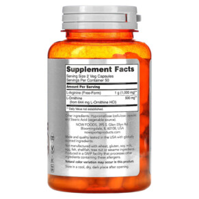 Thành phần vi chất của NOW Foods Sports Arginine & Ornithine 100 Veg Capsules 733739000408