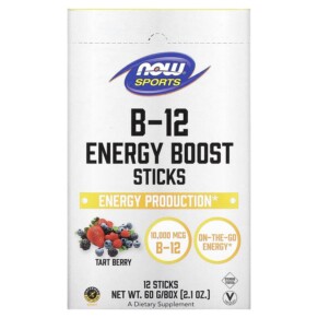 Thực phẩm chức năng NOW Foods Sports B-12 Energy Boost Sticks Tart Berry 10.000 mcg 12 Sticks 2.1 oz (60 g) 733739005038