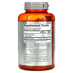 Thành phần vi chất của NOW Foods Sports Beet Root 550 mg 180 Veg Capsules 733739050564