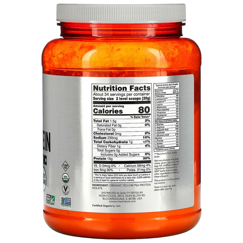 NOW Foods Sports Organic Pea Protein Powder Pure Unflavored 1.5 lbs (680 g) 2 Thành phần vi chất của NOW Foods Sports Organic Pea Protein Powder Pure Unflavored 1.5 lbs (680 g) 733739021083