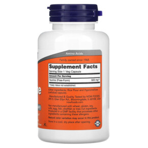 Thành phần vi chất của NOW Foods Taurine 500 mg 100 Veg Capsules 733739001405