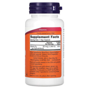 Thành phần vi chất của NOW Foods Vegetarian Dry Vitamin D 1.000 IU 120 Veg Capsules 733739003683