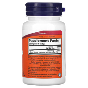 Thành phần vi chất của NOW Foods Vitamin A 7.500 mcg (25.000 IU) 100 Softgels 733739003409