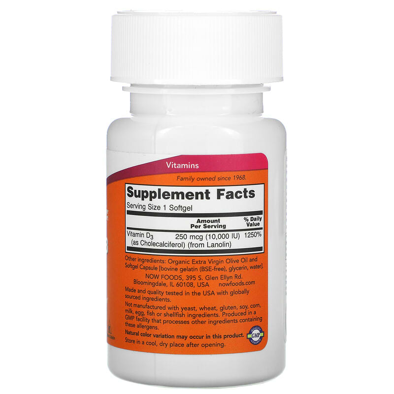 NOW Foods Vitamin D-3 250 mcg (10.000 IU) 240 Softgels 2 Thành phần vi chất của NOW Foods Vitamin D-3 250 mcg (10.000 IU) 240 Softgels 733739003850