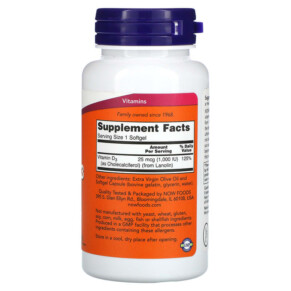 Thành phần vi chất của NOW Foods Vitamin D-3 High Potency 1.000 IU 180 Softgels 733739003652