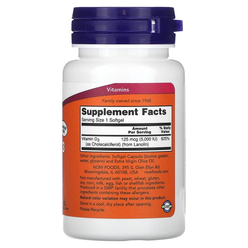 NOW Foods Vitamin D-3 High Potency 5.000 IU 240 Softgels 2 Thành phần vi chất của NOW Foods Vitamin D-3 High Potency 5.000 IU 240 Softgels 733739003737