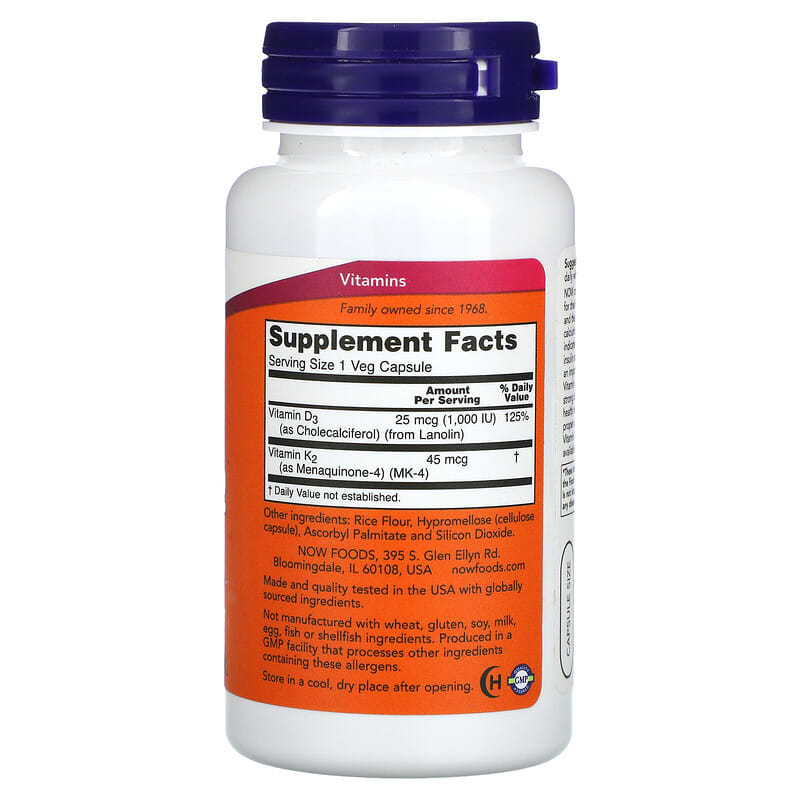 NOW Foods Vitamin D-3 & K-2 120 Veg Capsules 2 Thành phần vi chất của NOW Foods Vitamin D-3 & K-2 120 Veg Capsules 733739003690