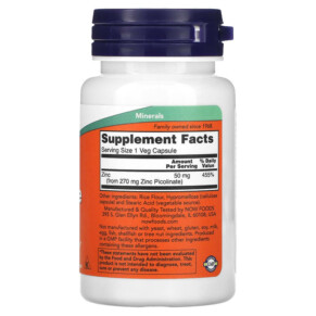 Thành phần vi chất của NOW Foods Zinc Picolinate 50 mg 60 Veg Capsules 733739015501