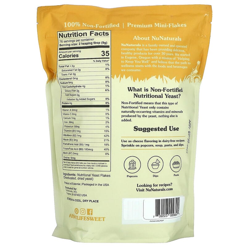 NuNaturals Non-Fortified Nutritional Yeast Flakes 24 oz (680 g) 2 Thành phần vi chất của NuNaturals Non-Fortified Nutritional Yeast Flakes 24 oz (680 g) 739223009841
