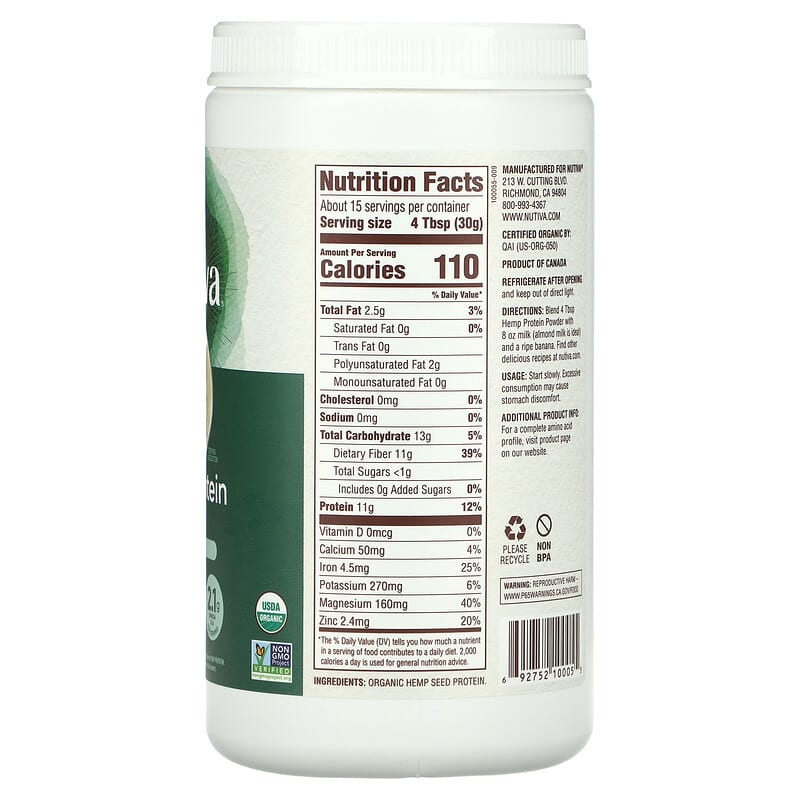 Nutiva Organic Hemp Protein Powder Fiber Plus 1 lb (454 g) 2 Thành phần vi chất của Nutiva Organic Hemp Protein Powder Fiber Plus 1 lb (454 g) 692752100055