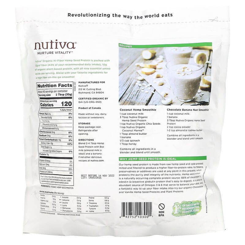 Nutiva Organic Hemp Seed Protein 3 lbs (1.36 kg) 2 Thành phần vi chất của Nutiva Organic Hemp Seed Protein 3 lbs (1.36 kg) 692752103001