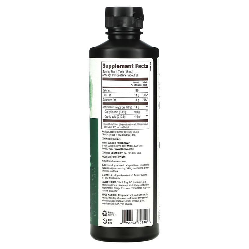 Nutiva Organic MCT Oil 16 fl oz (473 ml) 2 Thành phần vi chất của Nutiva Organic MCT Oil 16 fl oz (473 ml) 692752108884