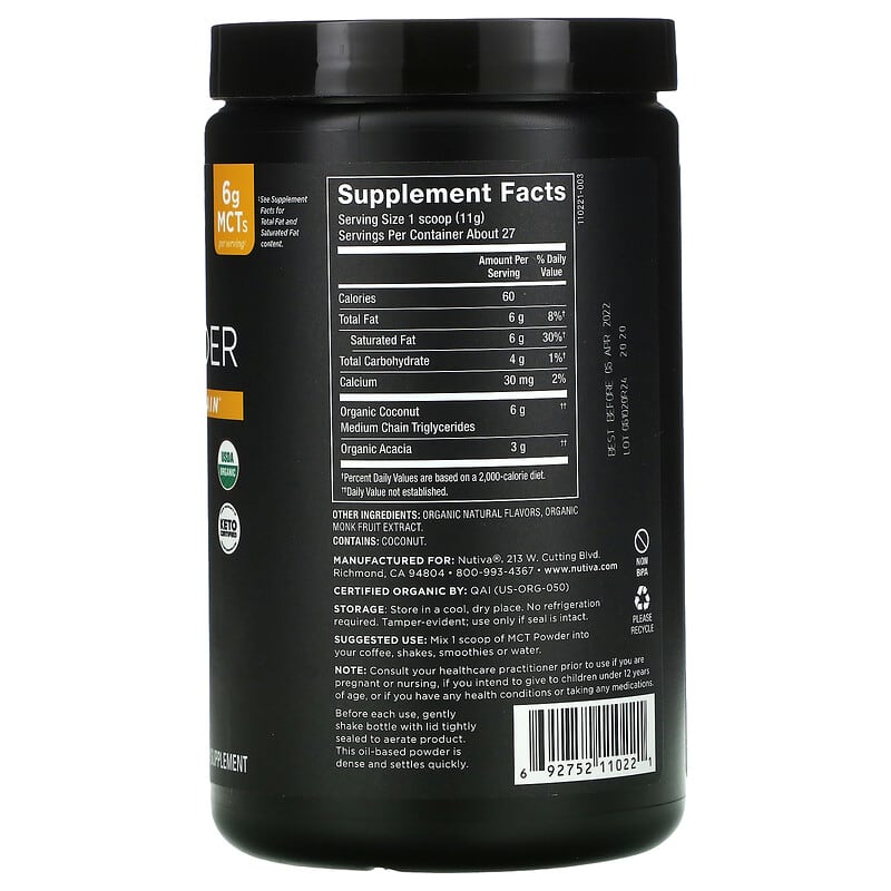 Nutiva Organic MCT Powder Vanilla 10.6 oz (300 g) 2 Thành phần vi chất của Nutiva Organic MCT Powder Vanilla 10.6 oz (300 g) 692752110221