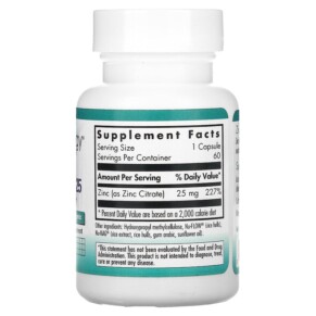 Thành phần vi chất của Nutricology Zinc Citrate 25 60 Vegetarian Capsules 713947502802