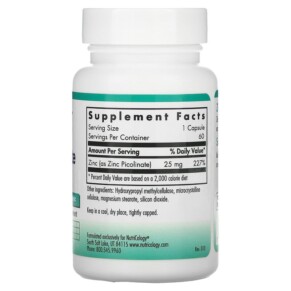 Thành phần vi chất của Nutricology Zinc Picolinate 60 Vegetarian Capsules 713947503007