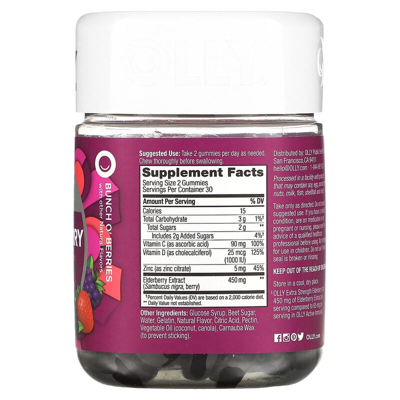 OLLY Elderberry Extra Strength Bunch O' Berries 225 mg 60 Gummies 2 Thành phần vi chất của OLLY Elderberry Extra Strength Bunch O' Berries 225 mg 60 Gummies 840160200823