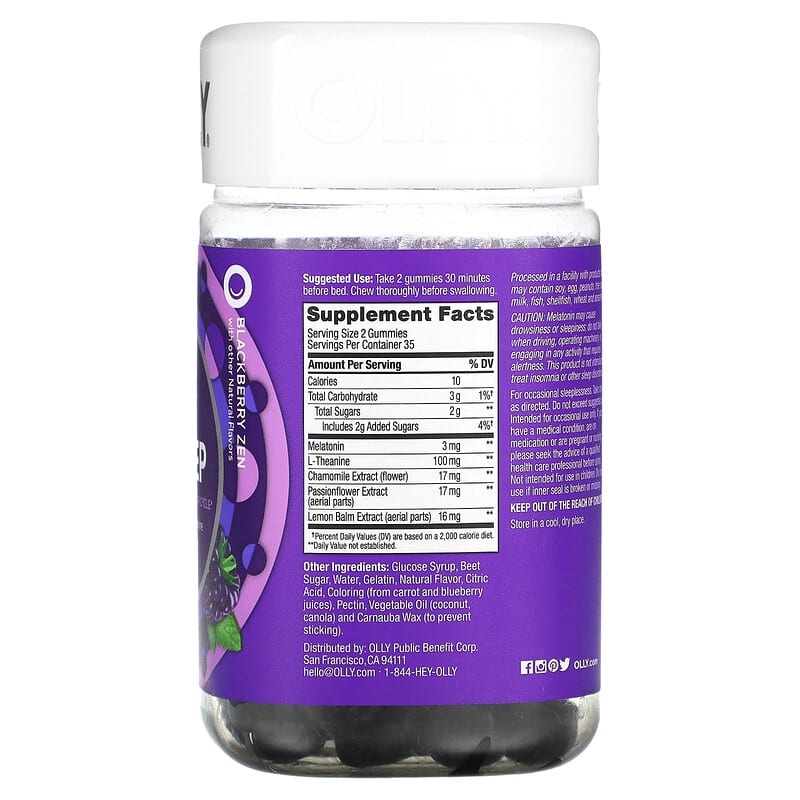 OLLY Sleep Blackberry Zen 70 Gummies 2 Thành phần vi chất của OLLY Sleep Blackberry Zen 70 Gummies 852933008024