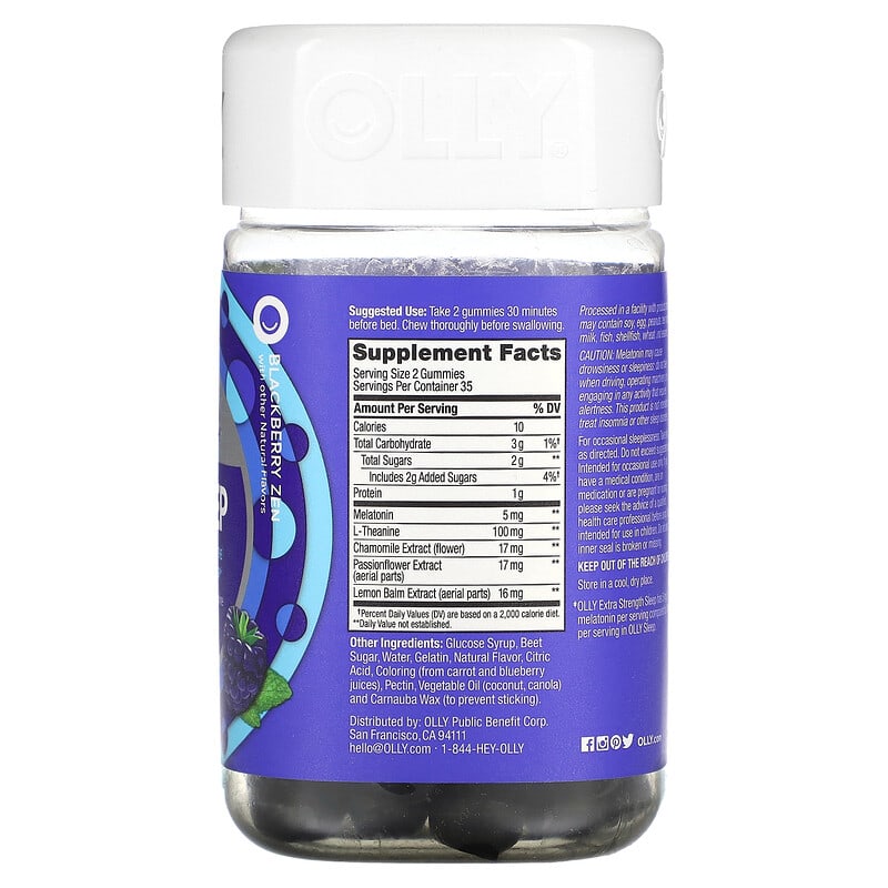 OLLY Sleep Blackberry Zen 70 Gummies 2 Thành phần vi chất của OLLY Sleep Blackberry Zen 70 Gummies 840160200625