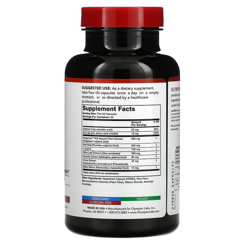 Olympian Labs Herp-Eeze 120 Vegetarian Capsules 2 Thành phần vi chất của Olympian Labs Herp-Eeze 120 Vegetarian Capsules 710013003997
