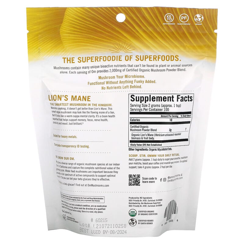 Om Mushrooms Certified Organic Mushroom Powder Lion's Mane 7.05 oz (200 g) 2 Thành phần vi chất của Om Mushrooms Certified Organic Mushroom Powder Lion's Mane 7.05 oz (200 g) 850030553256