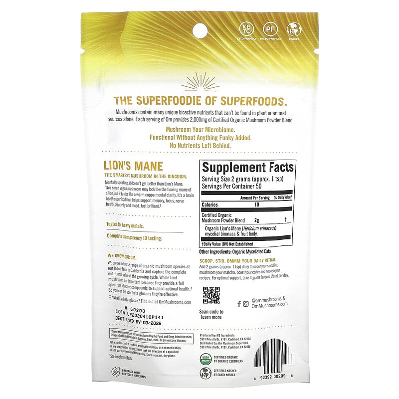 Om Mushrooms Lion's Mane Certified Organic Mushroom Powder 3.5 oz (100 g) 2 Thành phần vi chất của Om Mushrooms Lion's Mane Certified Organic Mushroom Powder 3.5 oz (100 g) 892392002096