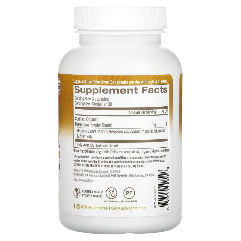 Om Mushrooms Lions's Mane Mushroom Superfood 667 mg 90 Vegetable Capsules 2 Thành phần vi chất của Om Mushrooms Lions's Mane Mushroom Superfood 667 mg 90 Vegetable Capsules 856210008158